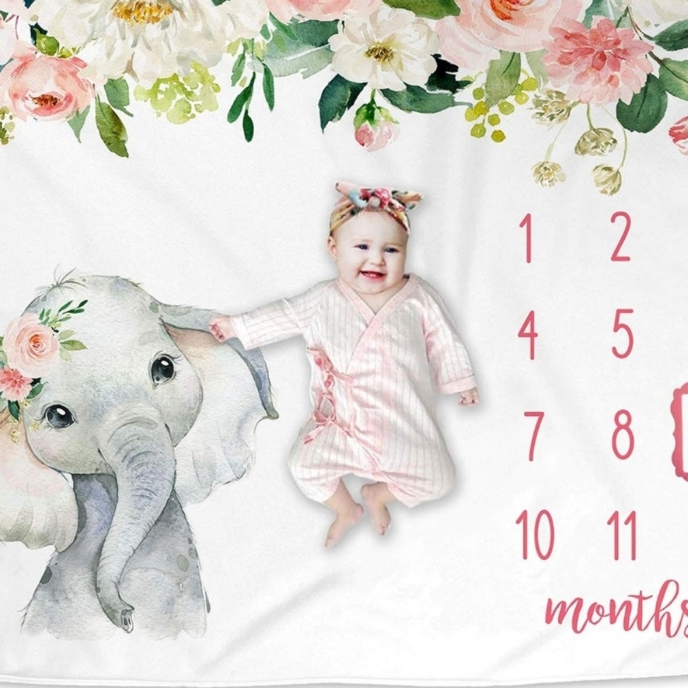 Floral 🌸 🐘 Baby Girl Monthly Milestone Blanket Jungle Elephant Soft Fleece